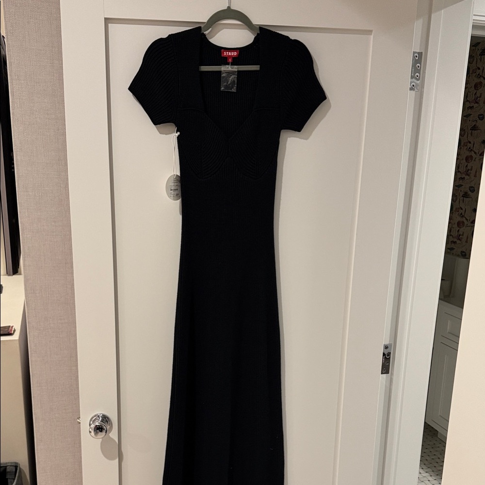 STAUD Black Sweater Maxi Dress with Short Sleeves